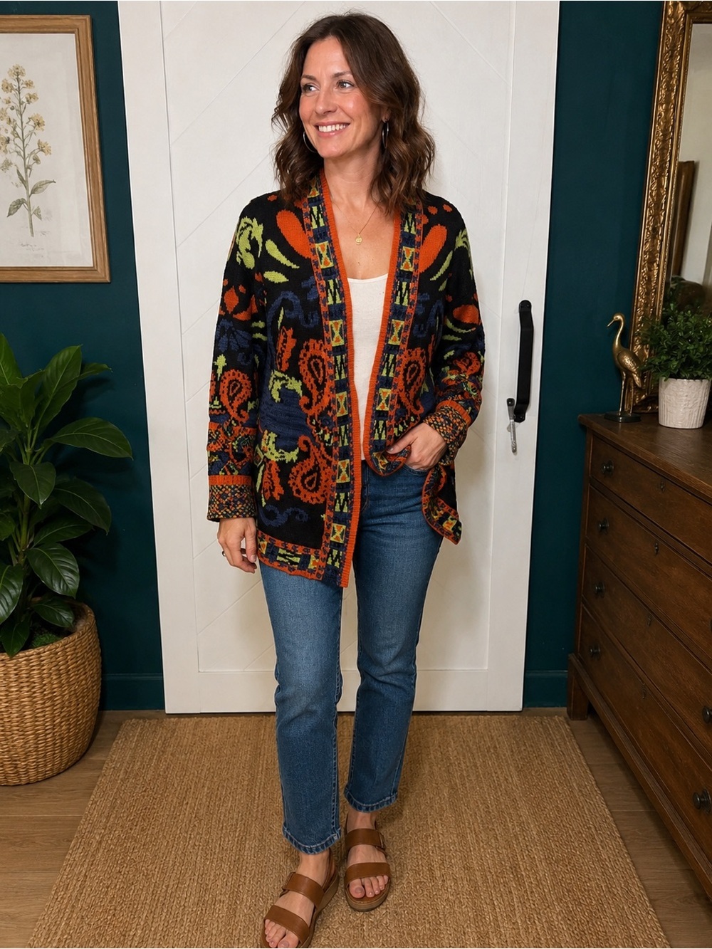 Flying Tomato Boho‎ Paisley Open Front Knit Cardigan Sweater Size Medium M Artsy
